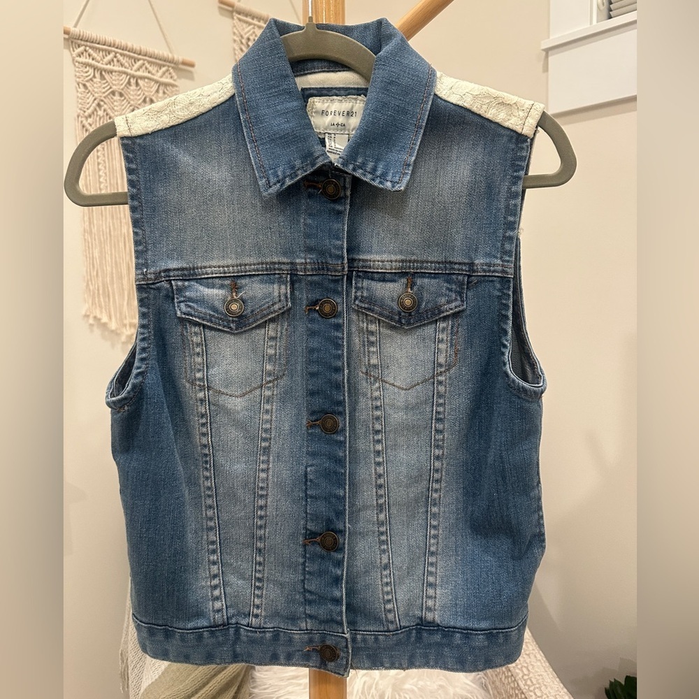 Forever 21 Denim Vest Lace Shoulder Sleeveless Jacket Blue S